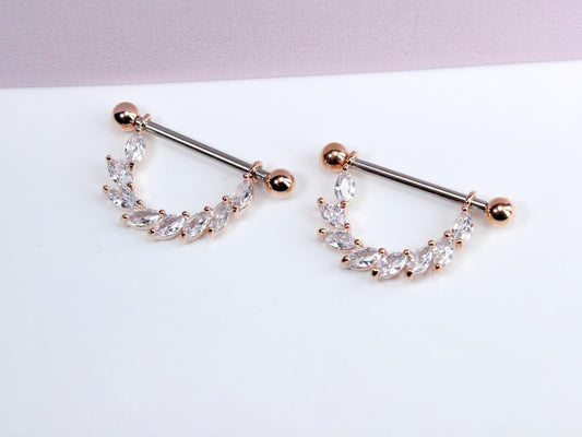 Marquise Vine Nipple Ring, Floral Decor Rose Gold Accent Dangle Gem Nipple Piercing Barbell, 14g Nipple Jewelry, Set of 2