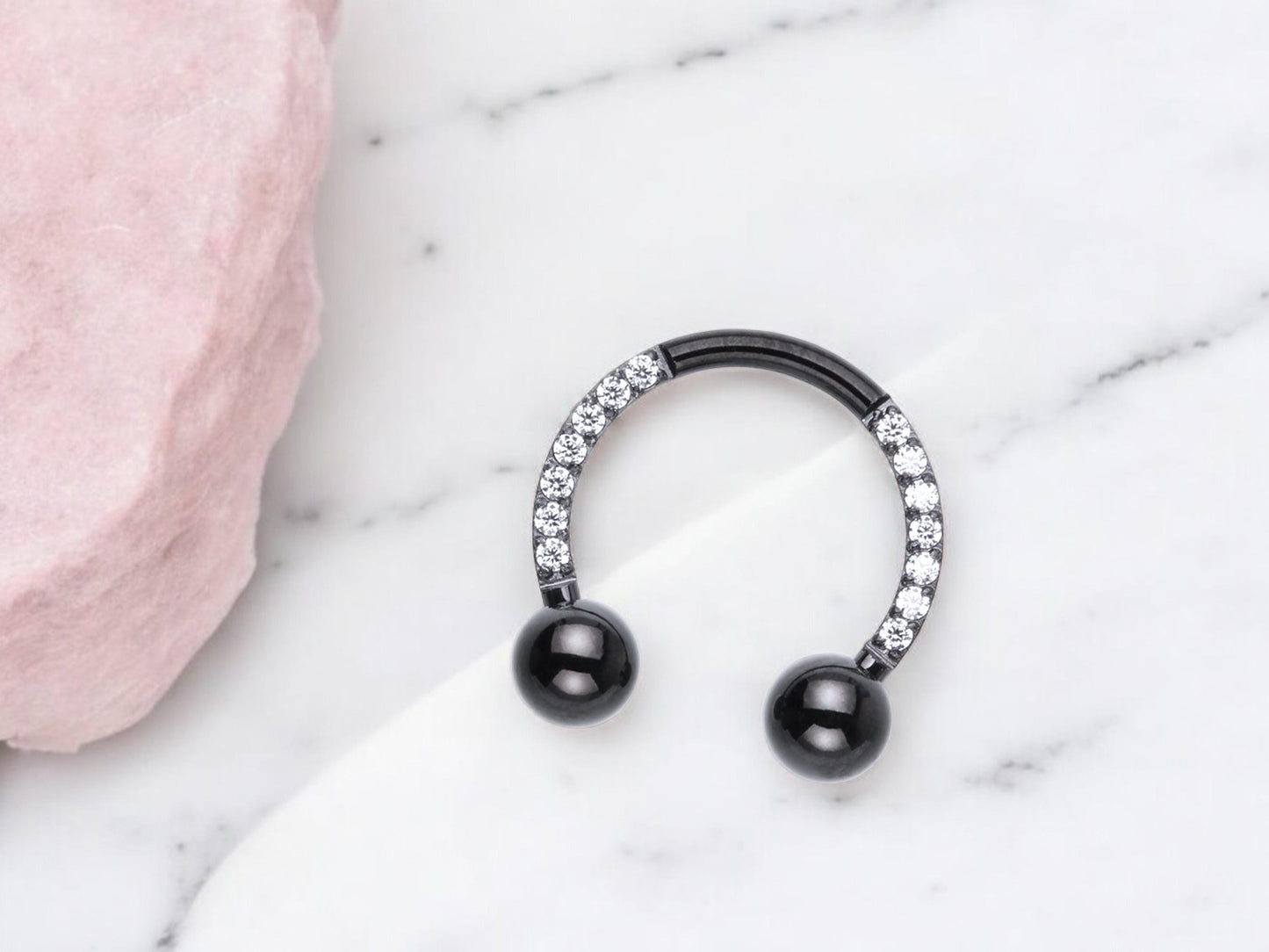 16g Black Horseshoe Sparkly Gem Septum, Implant Grade Titanium Septum Ring, Hinged Septum Clicker, Hypoallergenic Septum Piercing.