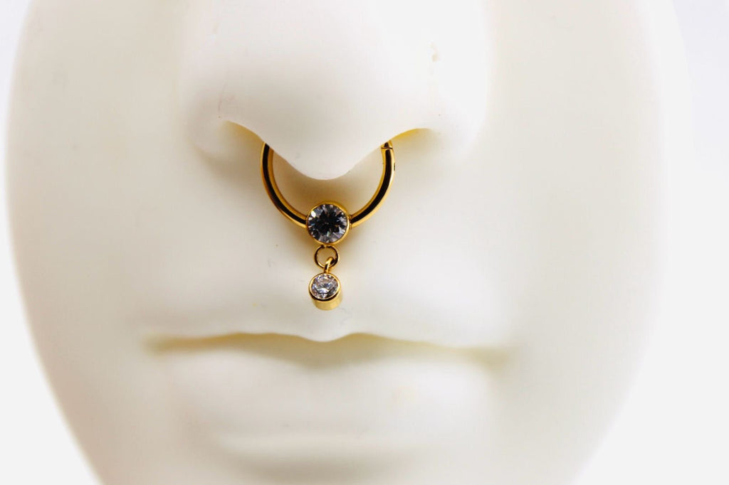 16g Gold Titanium Septum Piercing Clicker Hoop Ring, Dangle Sparkle Gem Decor Septum Ring Hoop, Titanium Septum Jewelry, Nose Jewelry