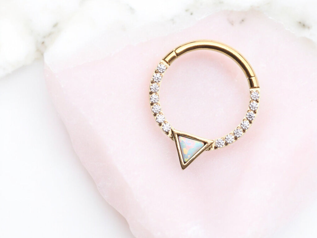 16g Gold Opal Triangle Multi-Gem Septum Clicker Hoop. CZ V-cut shaped clicker hoop ring. Seamless Septum Ring. Nose Piercing Jewelry.