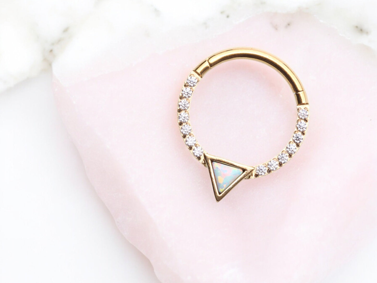 16g Gold Opal Triangle Multi-Gem Septum Clicker Hoop. CZ V-cut shaped clicker hoop ring. Seamless Septum Ring. Nose Piercing Jewelry.
