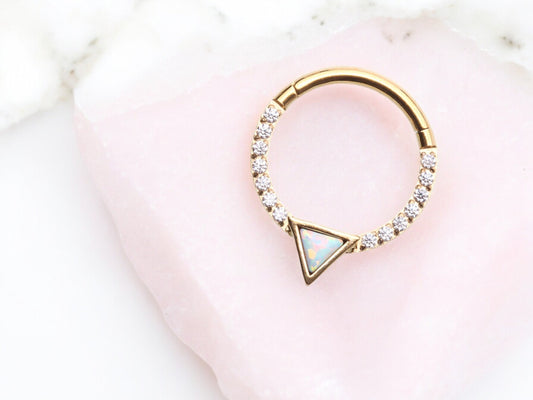 16g Gold Opal Triangle Multi-Gem Septum Clicker Hoop. CZ V-cut shaped clicker hoop ring. Seamless Septum Ring. Nose Piercing Jewelry.