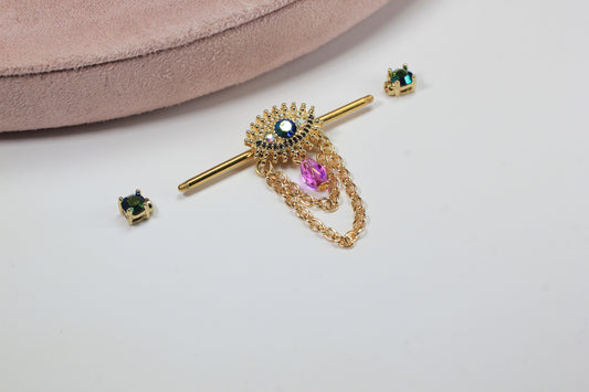 Evil Eye Dangling Industrial Barbell.