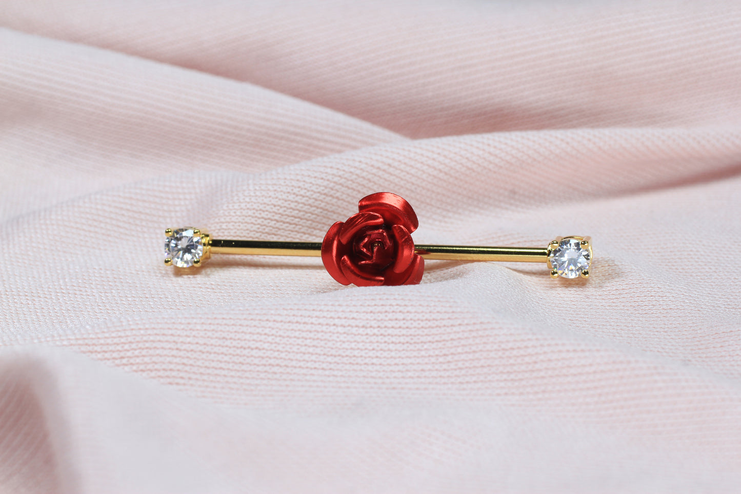 14G Red Rose Floral Industrial Barbell – Dainty Flower Industrial Piercing, 35mm Cartilage Scaffold Barbell Body Jewelry