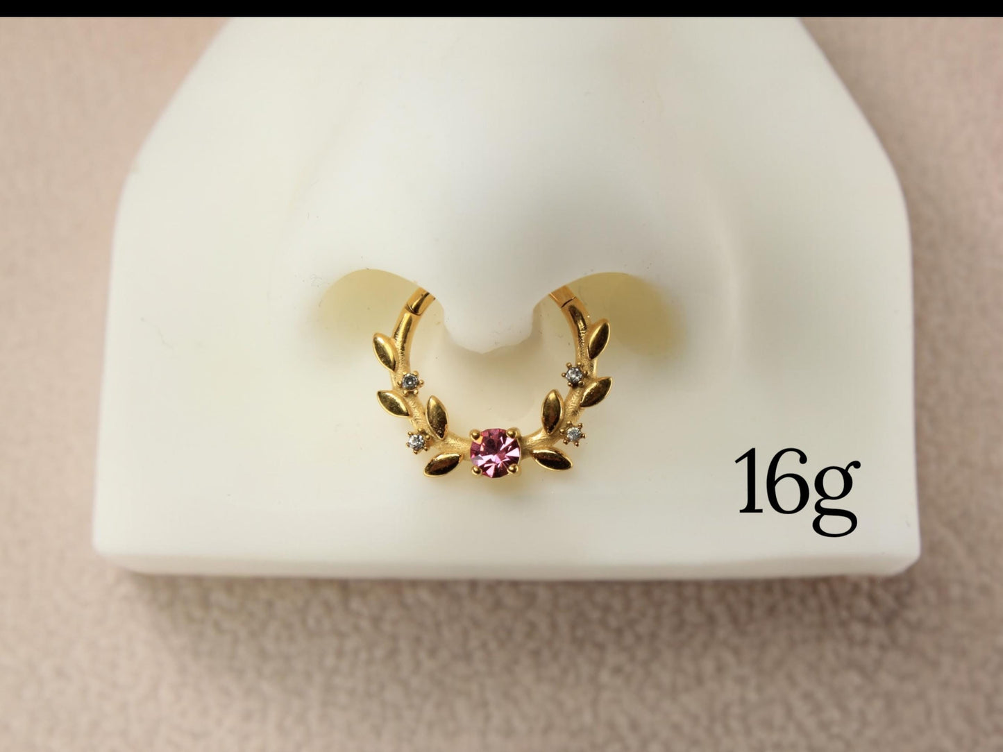 Gold Prong Set Septum Clicker Ring, 14g  Pink Gem Septum Ring Piercing, 16g Gold Clear Gem Nose Septum Jewelry, Body Piercing Jewelry