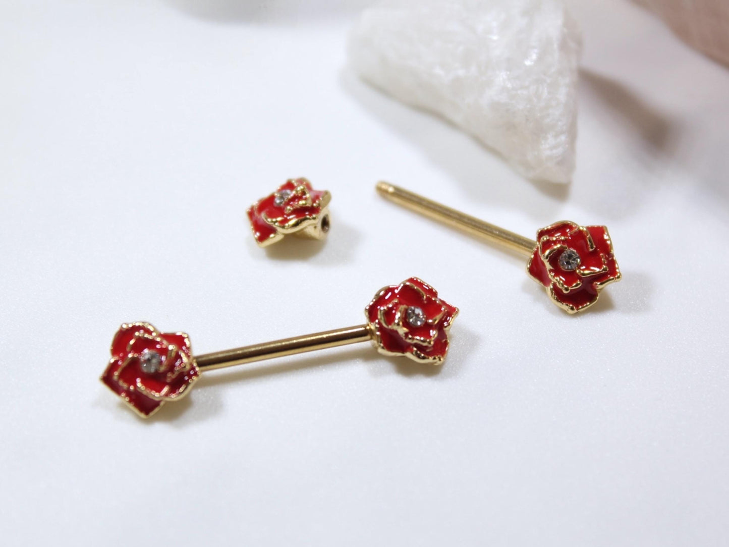 Red Rose Nipple Barbell Jewelry, 14g Rose Nipple Ring, Floral Nipple Piercing Jewelry, Personalized Body Jewelry