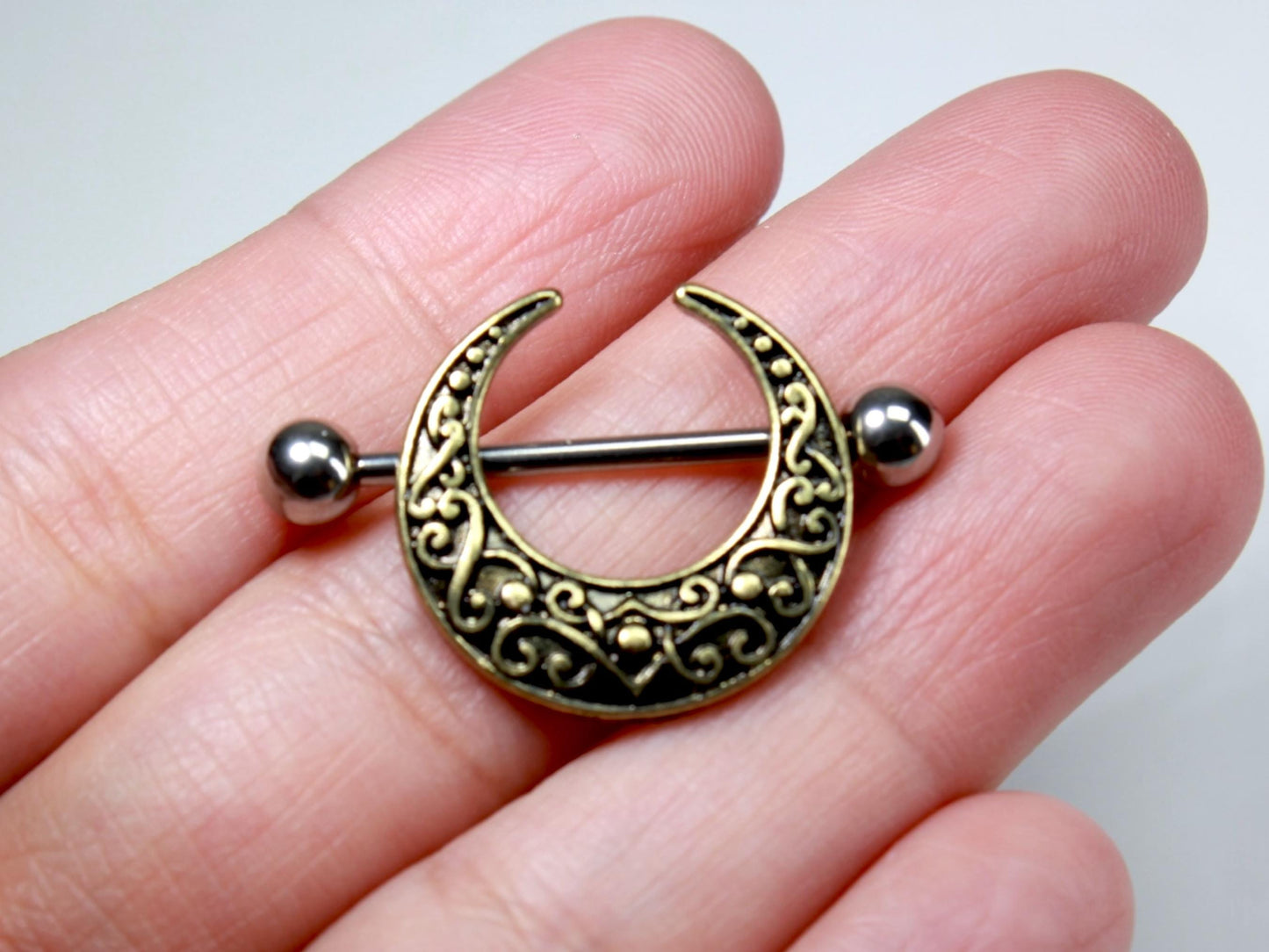 Crescent Moon Nipple Barbell, 14g Boho Nipple Piercing Jewelry, Gold Celestial Moon Nipple Ring, Body Jewelry
