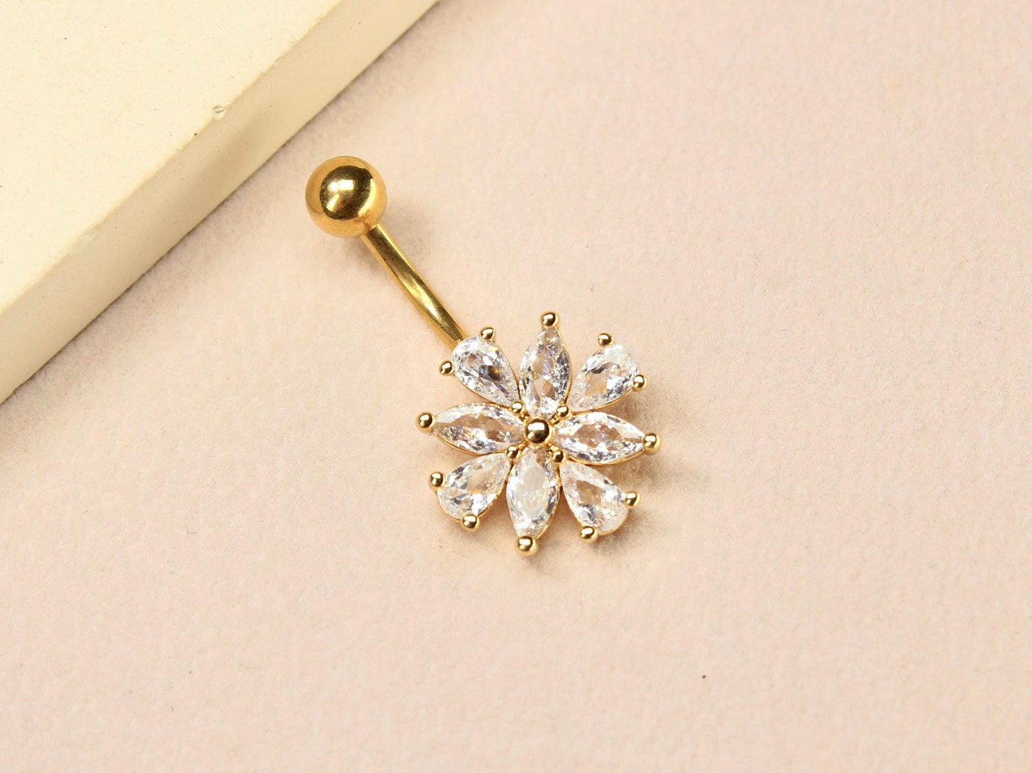 14G Gold CZ Floral Belly Button Ring – Minimalist Flower Navel Piercing