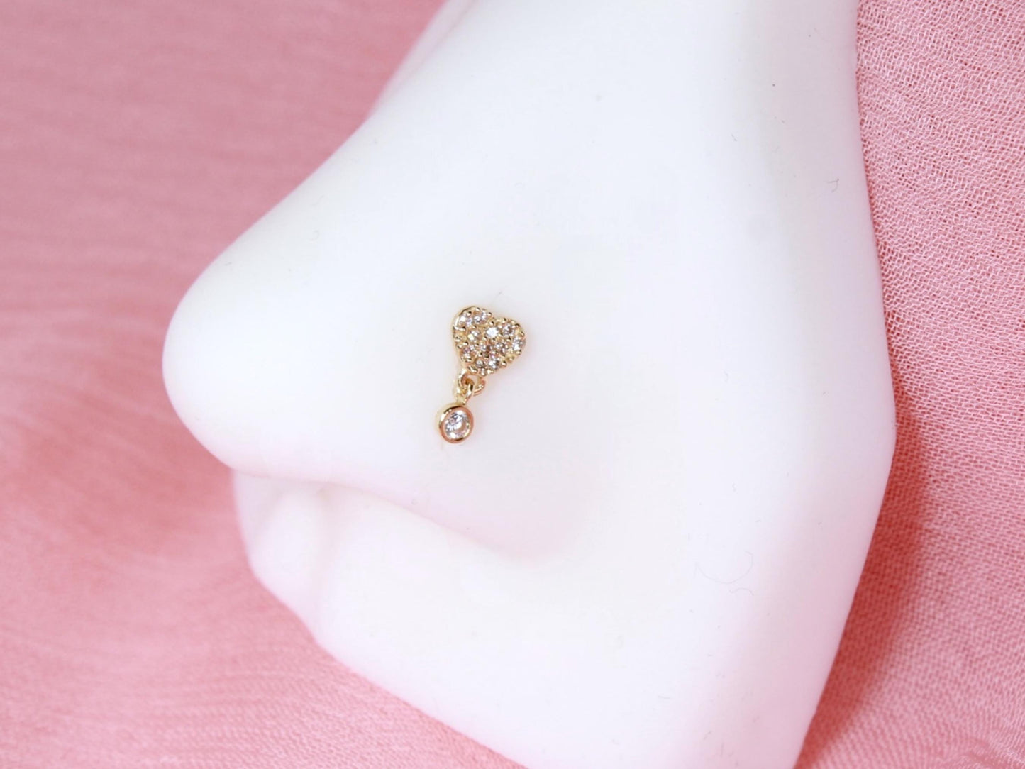 14K Gold Heart Nose Stud, 20g Dainty Dangling Heart L Shape Corkscrew Nose Stud, Gold Nose Jewelry, L Bend Screw Nose Piercing Ring Jewelry