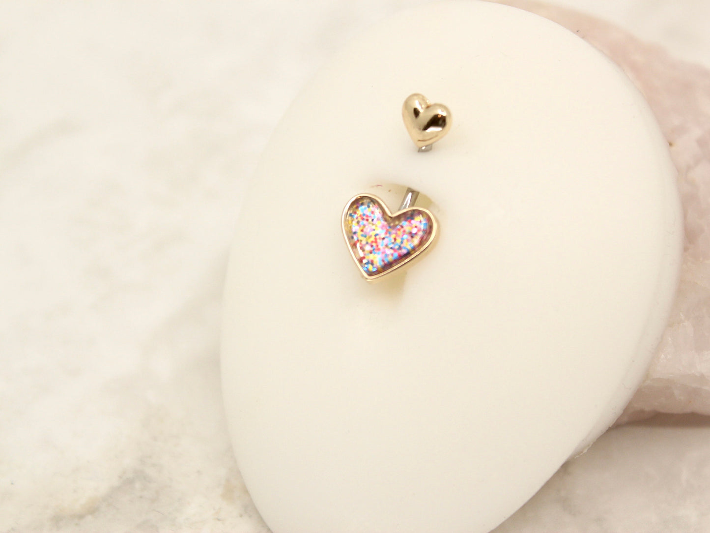 NEW • 14G Glitter Heart Belly Button Ring. Silver/Gold Resin Heart Navel Ring. Cute Belly Jewelry. Navel Piercing.
