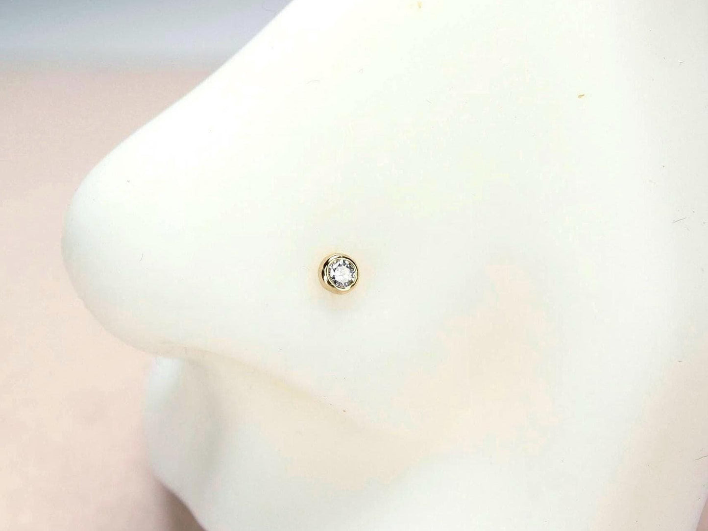 14k Gold Gem Nose Stud, Dainty Bezel Solid Gold L Shaped Nose Stud Piercing, Minimalist Gold Nose Pin Body Jewelry