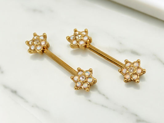 Moonstone Flower Nipple Ring, Floral Decor Moonstone Gem Nipple Piercing Barbell, 14g Gold Nipple Barbell Body Jewelry