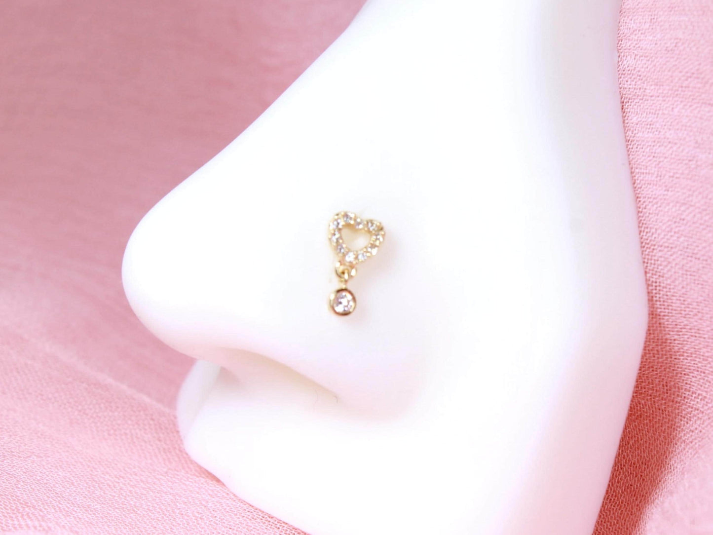 14K Gold Heart Nose Stud, 20g Dainty Dangling Gem L Shape Corkscrew Nose Stud, Gold Nose Jewelry, L Bend Screw Nose Piercing Stud Ring