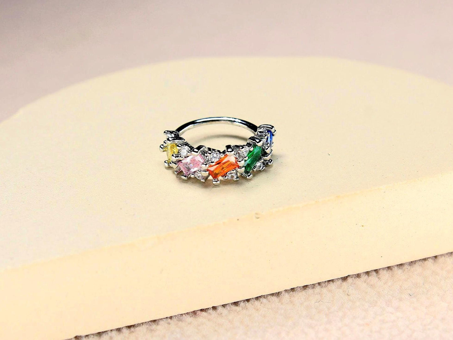 20g Nose Hoop Ring, Silver Baguette Gem Bendable Nose Ring, Multicolor Nose Piercing Jewelry, Body Jewelry