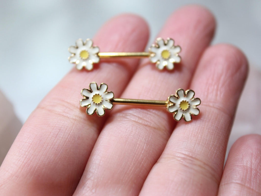 14G Daisy Nipple Barbell, Set of 2 Gold Floral Nipple Ring, Nipple Piercing Jewelry, Customized Personalized Body Jewelry