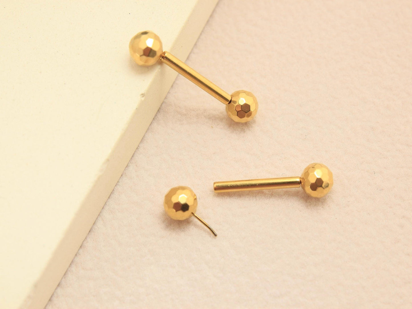 Implant Grade Titanium Gold Disco Ball Nipple Barbell, Pair of Threadless Push In Nipple Ring Jewelry