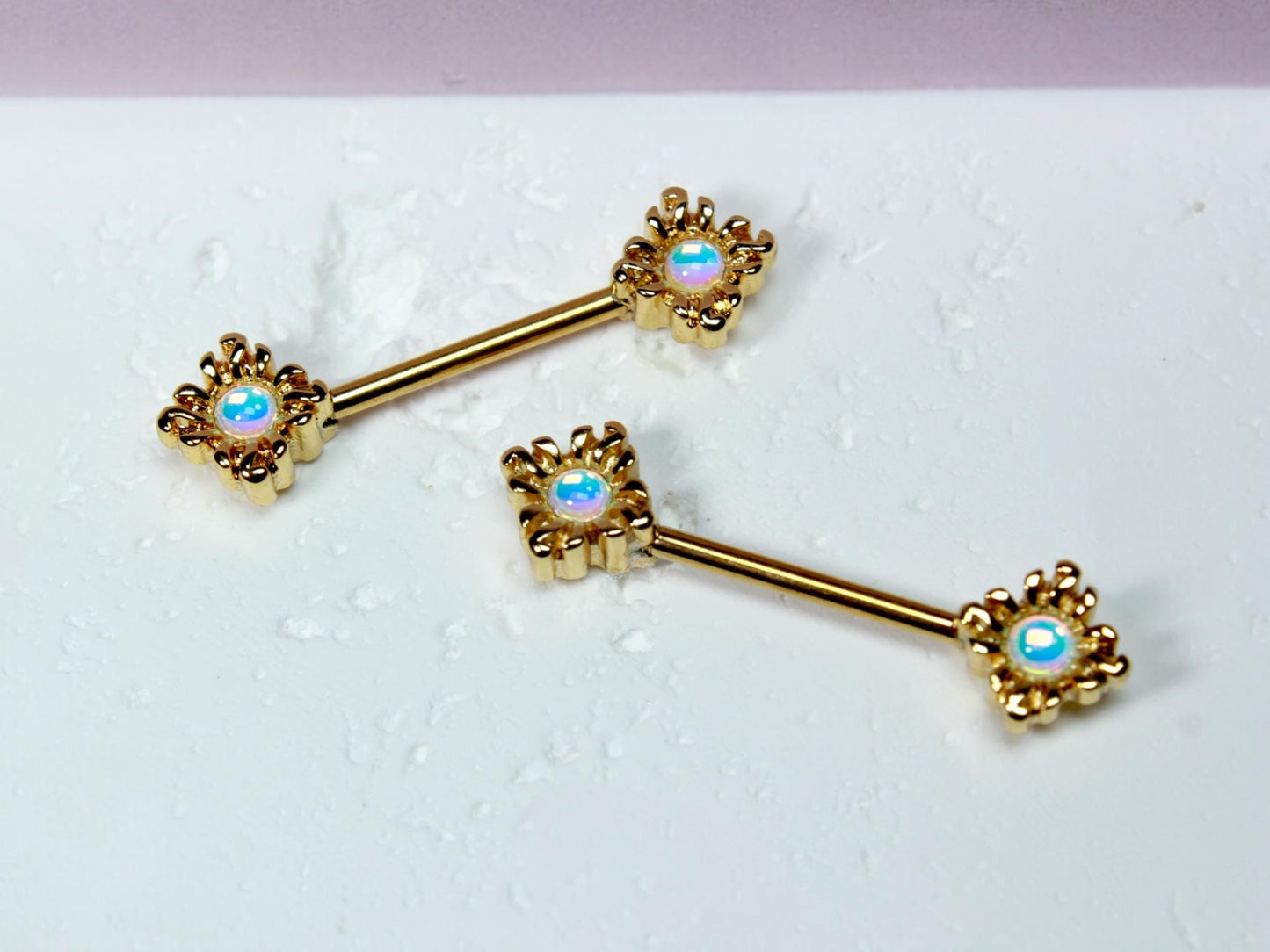 Gold Opal Nipple Barbell, 14G Sun Nipple Ring Piercing Jewelry, Set of 2 Nipple Body Jewelry,