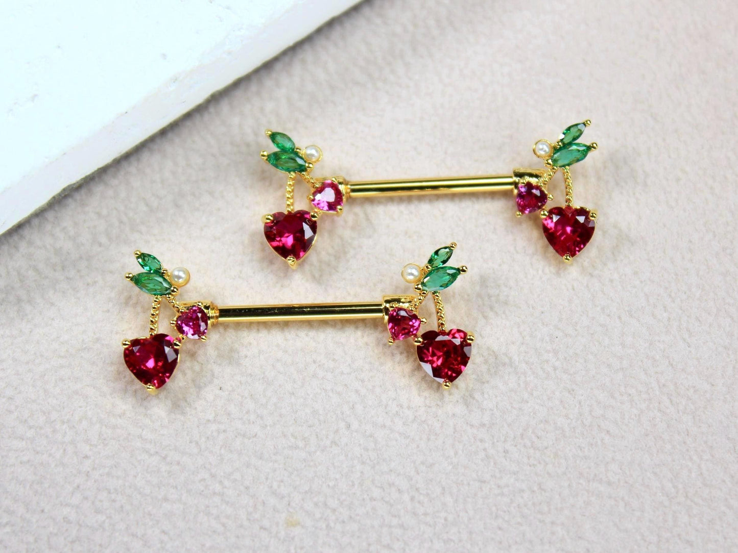 14g Gold Nipple Barbell, Cherry Heart Drop Charm Nipple Piercing, Body Jewelry