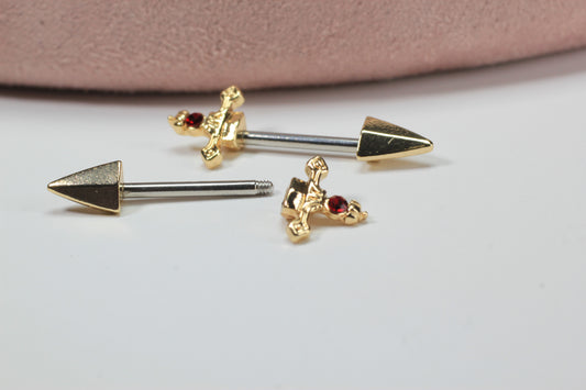 Gold Dagger Nipple Barbell, 14g Dagger Spike End Red Stone Nipple Piercing, Surgical Steel Body Jewelry