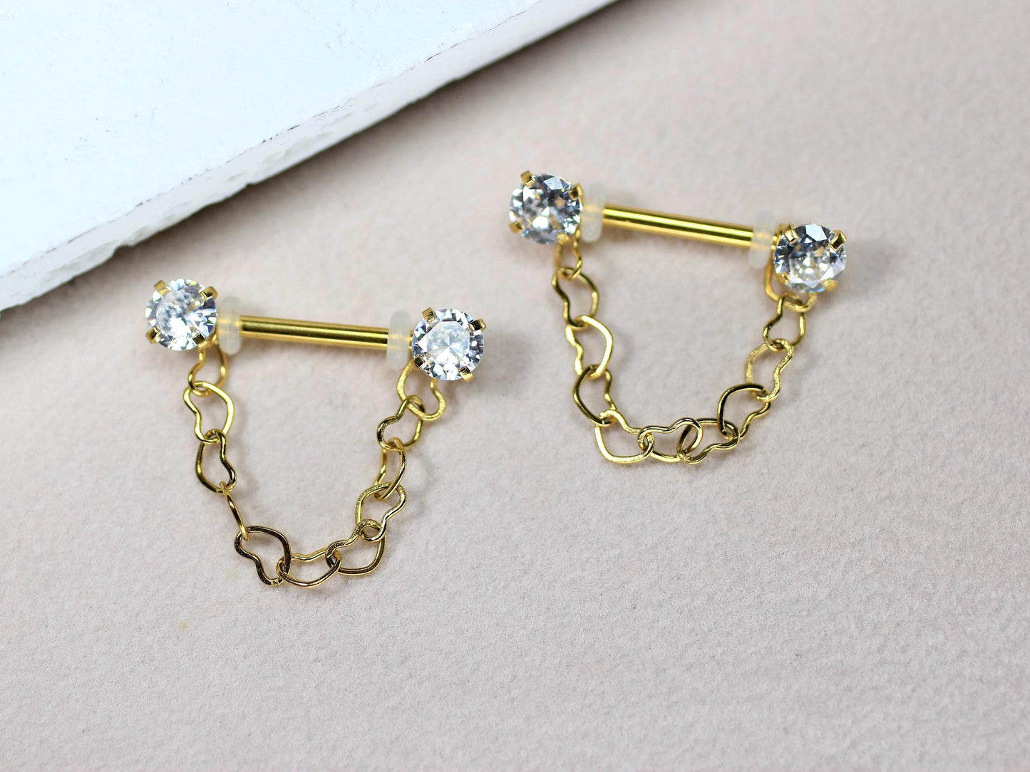 14g Gold Nipple Barbell, Dangling Heart Chain CZ Prong Nipple Piercing, Minimalist Piercing, Surgical Steel Body Jewelry.