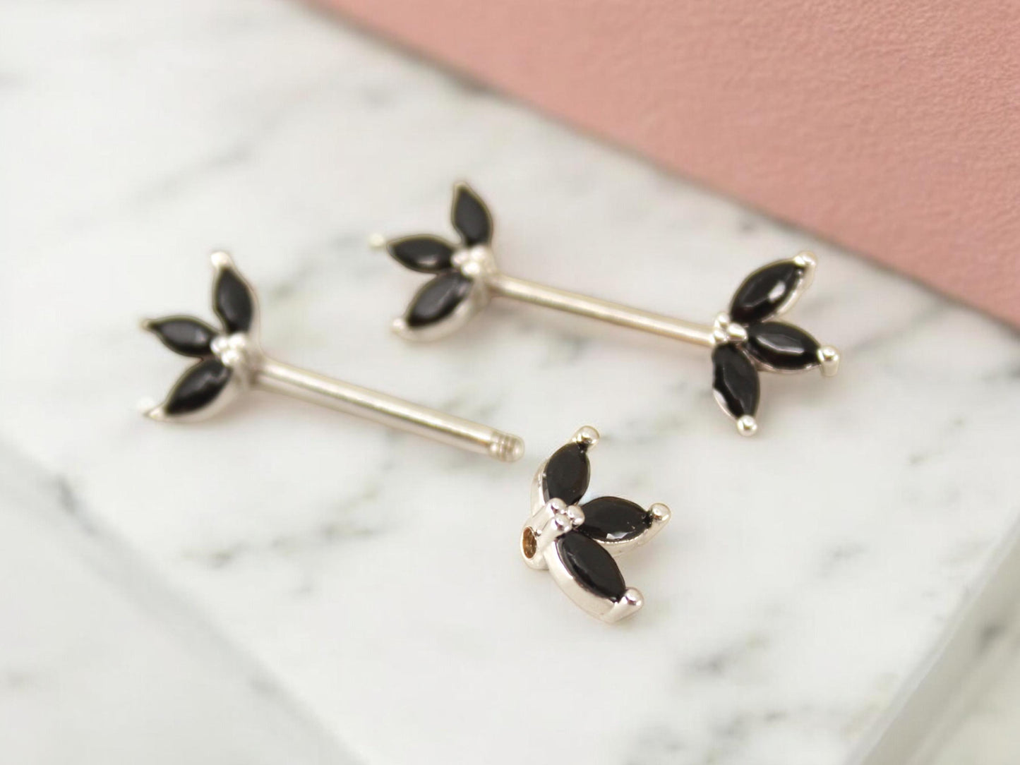 Black Marquise Leaf Nipple Barbell 14G – Floral Petal Black Nipple Rings, Surgical Steel Nipple Piercing Jewelry, Pair (Set of 2)