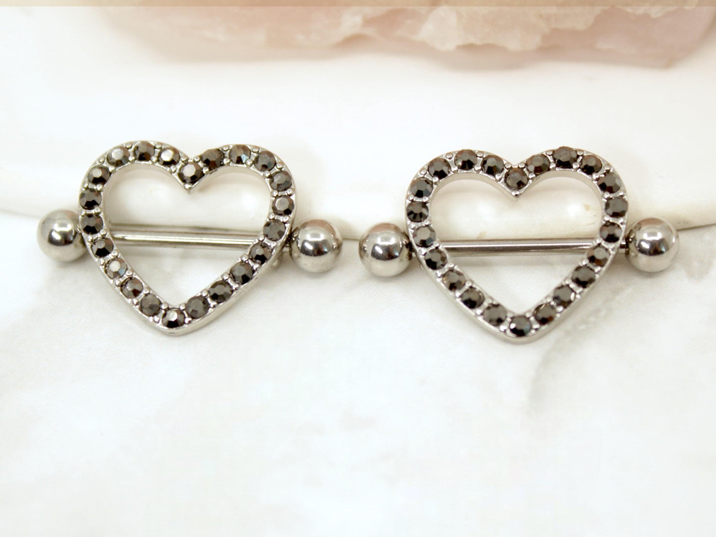 Black Heart Nipple Barbell, Heart Gems Nipple Shield Piercing Jewelry, 14G Silver Nipple Ring, Aesthetic Body Piercing Jewelry.