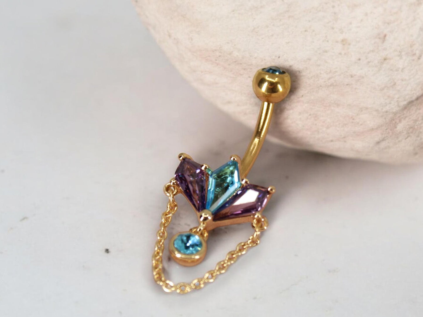 14g Dangling Gold Chain Belly Ring, Multicolor Marquise Gem Decor Charm Belly Button Piercing Jewelry, Gold Dangling Navel Piercing Jewelry