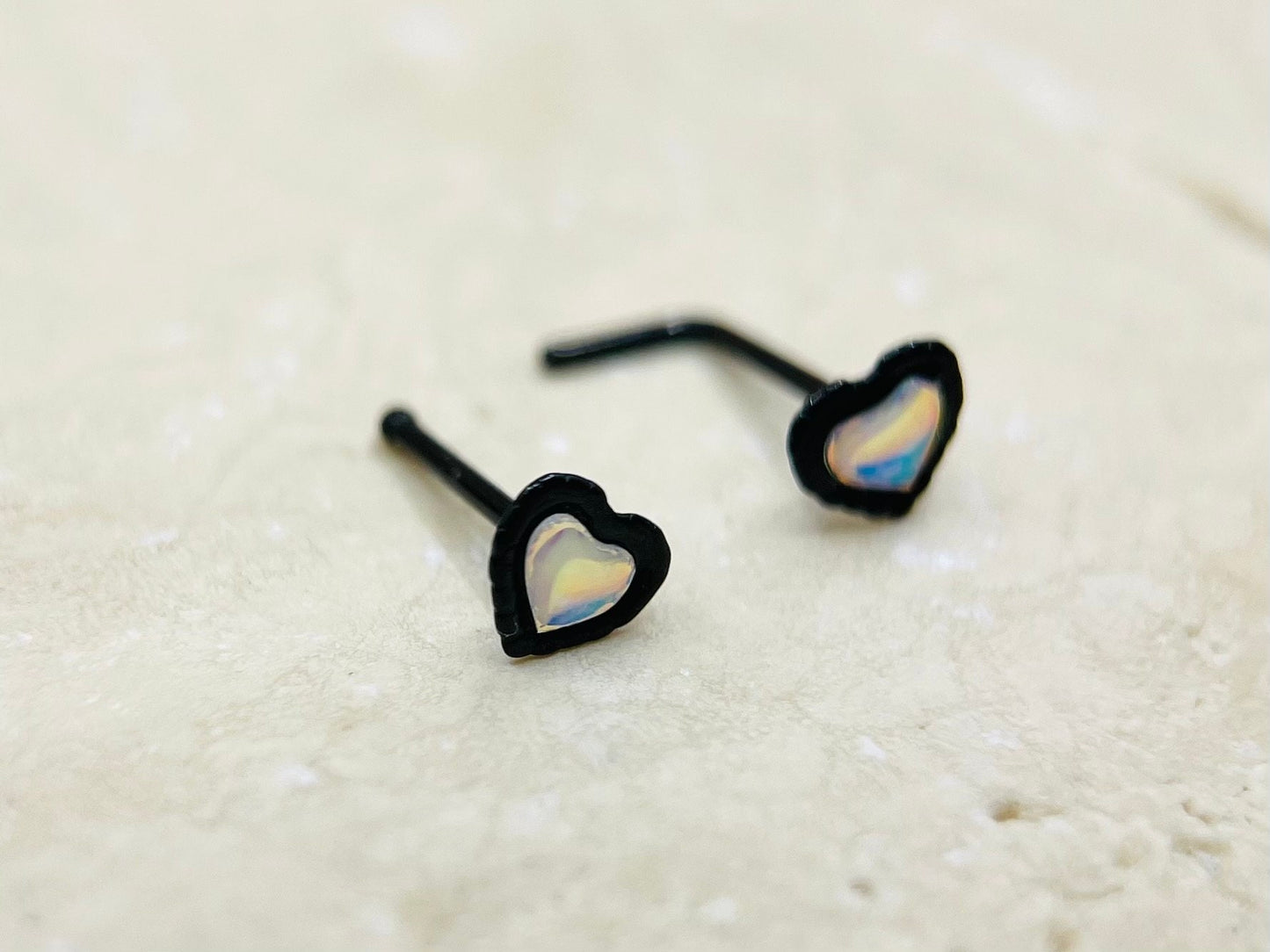Black Heart Moonstone Nose Stud, 20g L Shape and Ball End Nose Stud, Nose Piercing Body Jewelry