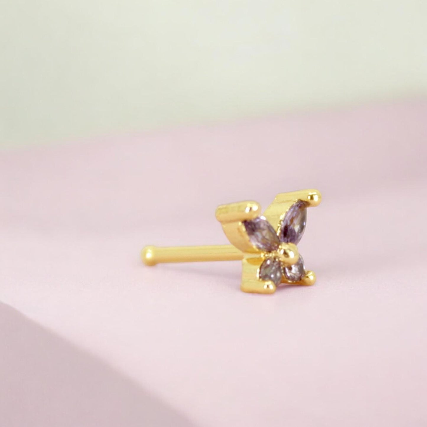 Dainty Butterfly Nose Stud, Purple Gemstone Nose Stud Ring, 20g Nose Piercing Jewelry, Gold Nose Hoop Stud Ring