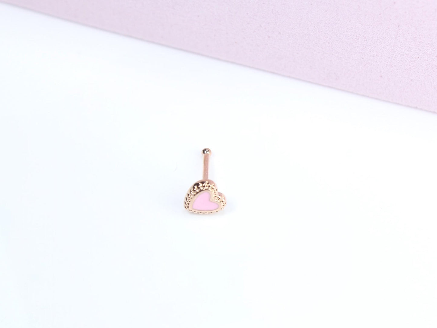 20g Heart Nose Stud, Pink Heart Nose Bone Stud, Ball End Nose Piercing Stud, Thin Nose Stud, Gold Nose Ring, Hypoallergenic Jewelry