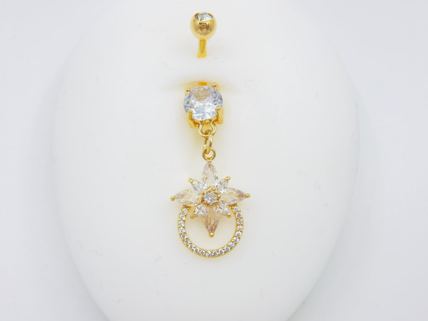 14g Gold Dangling Belly Button Ring, Dainty  Sparkling Floral Belly Ring,  Navel Piercing Jewelry