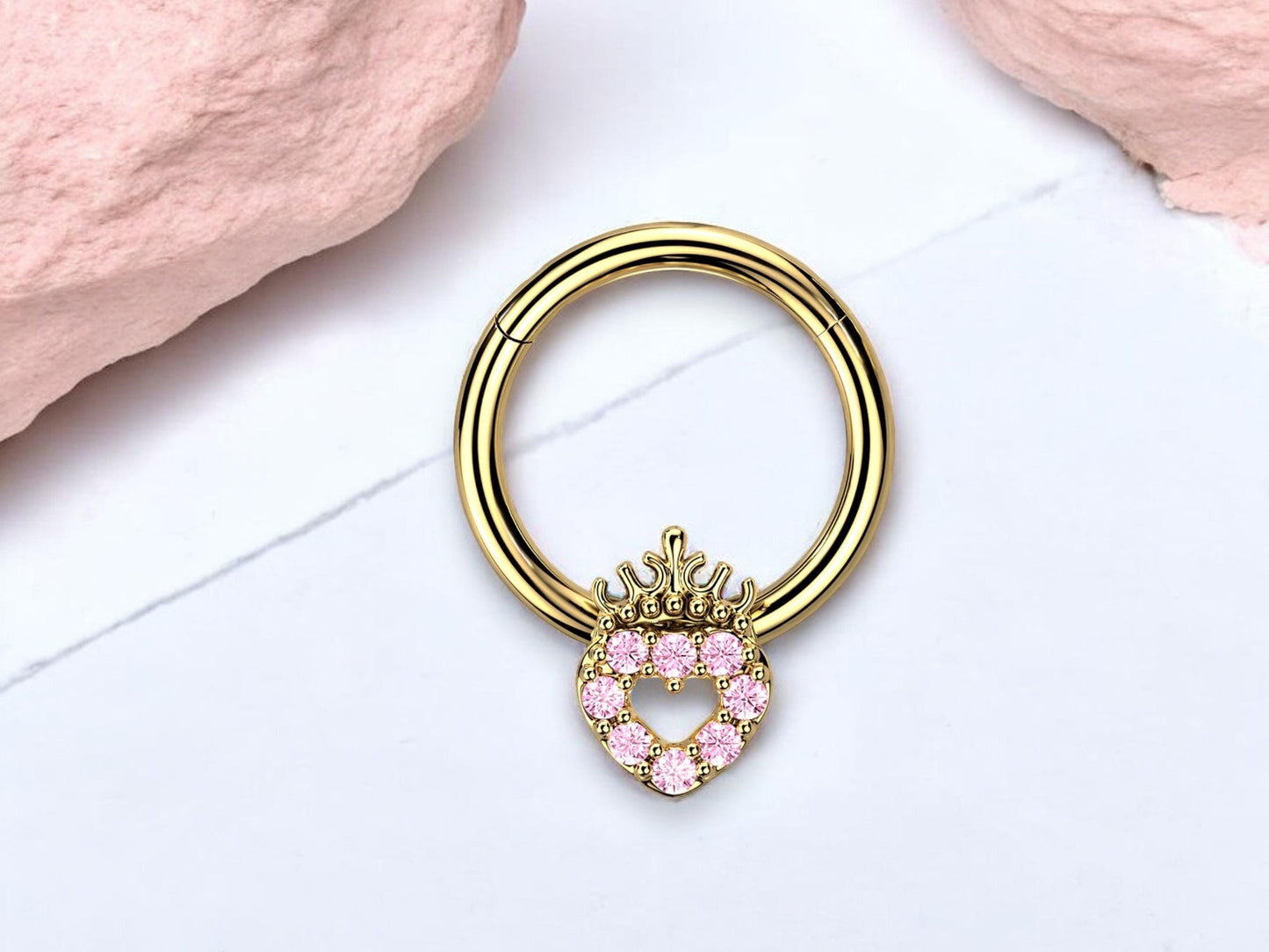 16g Gold Heart Septum Clicker Ring Hoop. Dainty Pink Sparkling Gems Crown Heart Front Facing Septum Piercing Ring Jewelry, Nose Jewelry