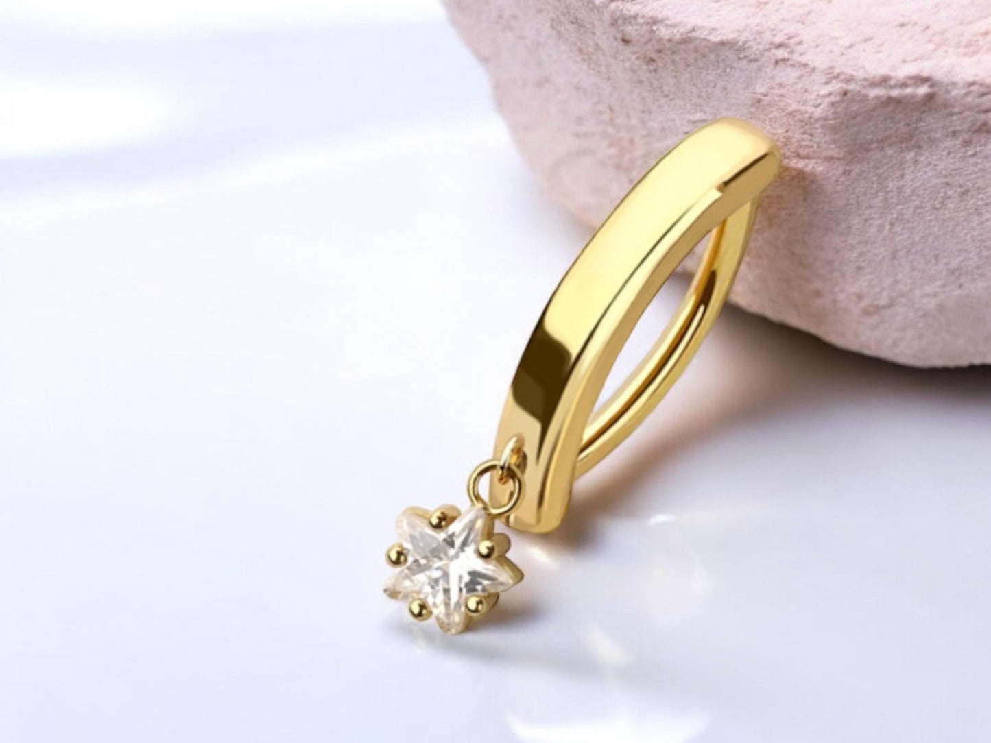 Gold Dangling Belly Button Ring, 14g Dainty Star Clicker Belly Ring, Navel Piercing Jewelry, Minimalist Belly Piercing Ring