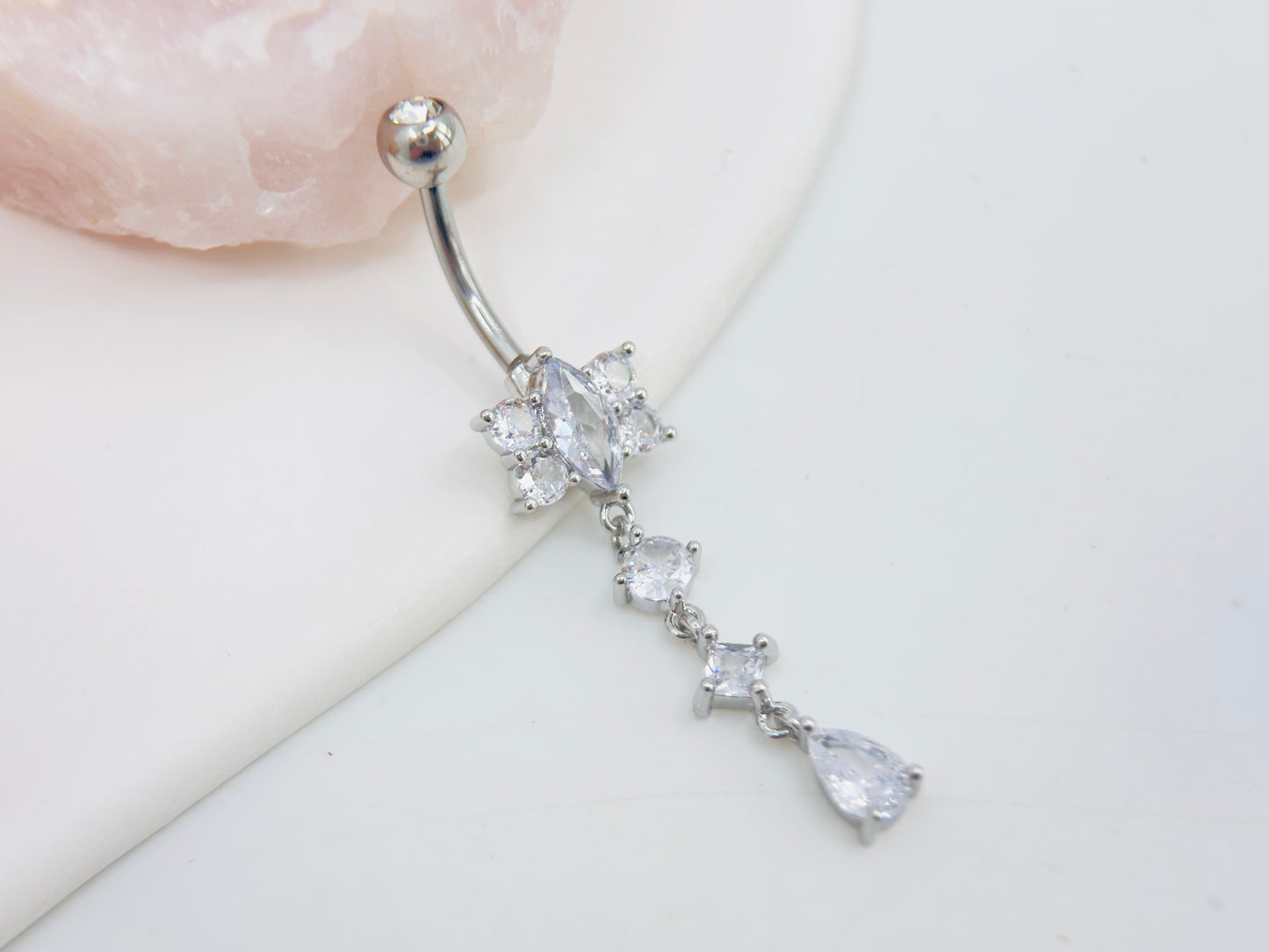14G Silver CZ Floral Dangling Belly Button Ring