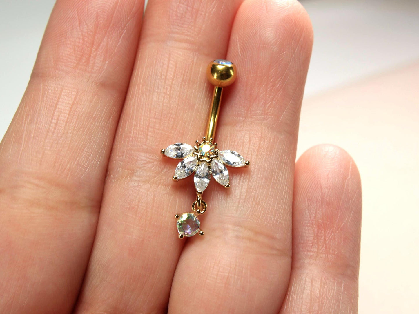 Gold Dangling Belly Button Ring, 14G Petal Leaf Decor Marquise Gemstone Belly Ring Piercing Jewelry, Gold Navel Piercing,Dainty Body Jewelry