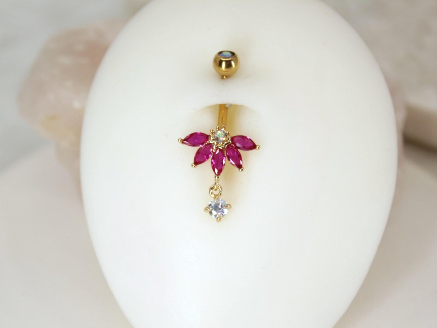 New • Floral Dangling Belly Button Ring, 14g Dainty Petal Decor Pink Marquise Gemstone Belly Ring Piercing Jewelry, Gold Navel Piercing