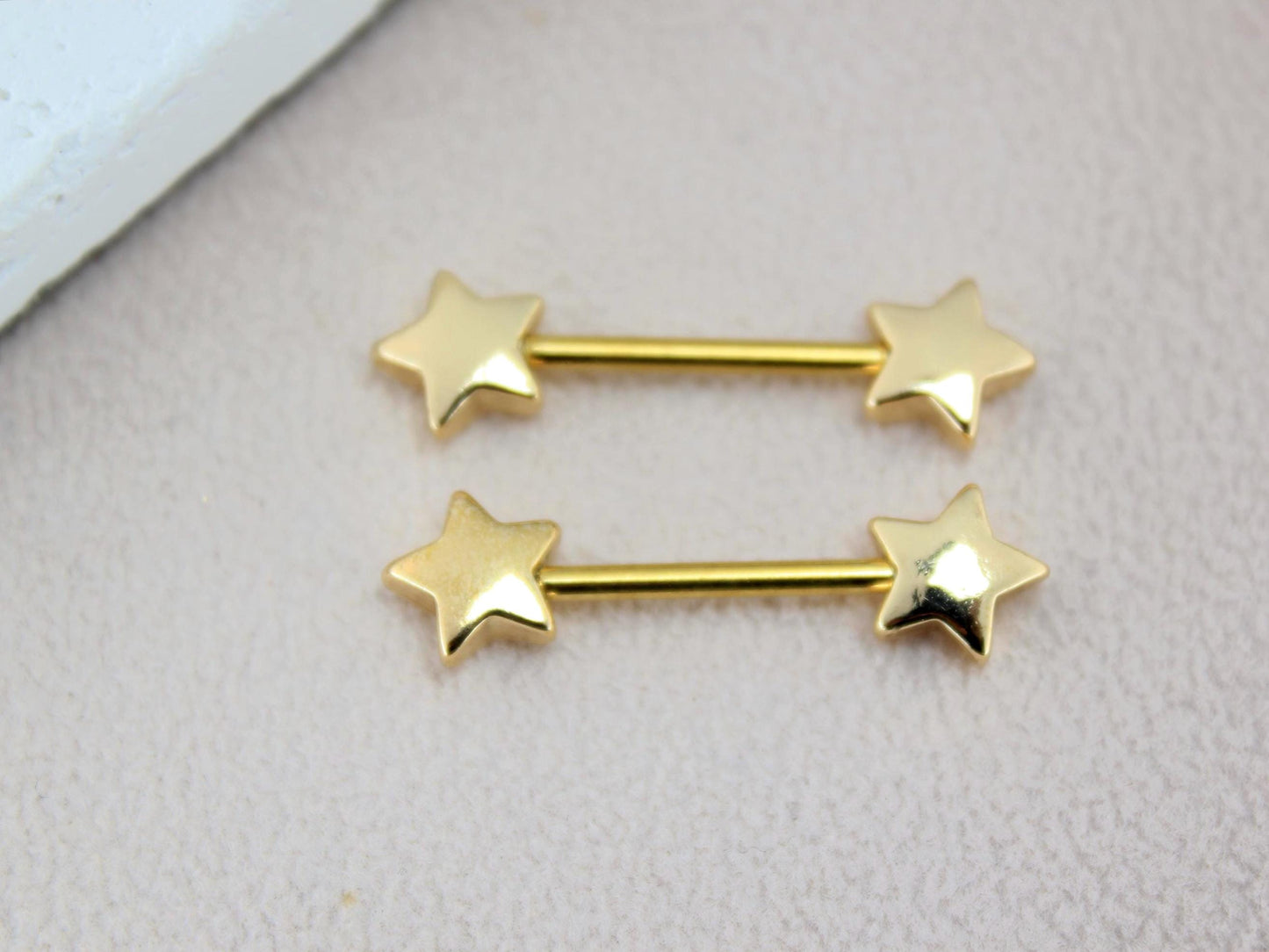 14G Gold Nipple Barbell, Star End Nipple Ring Piercing, Hypoallergenic Body Jewelry, Minimalist Nipple Piercing.