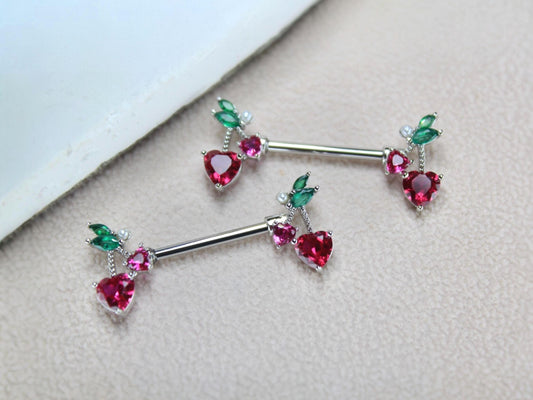 14G Dainty Cherry Nipple Barbell, Dangle Heart Nipple Ring Piercing, Surgical Steel Body Jewelry.