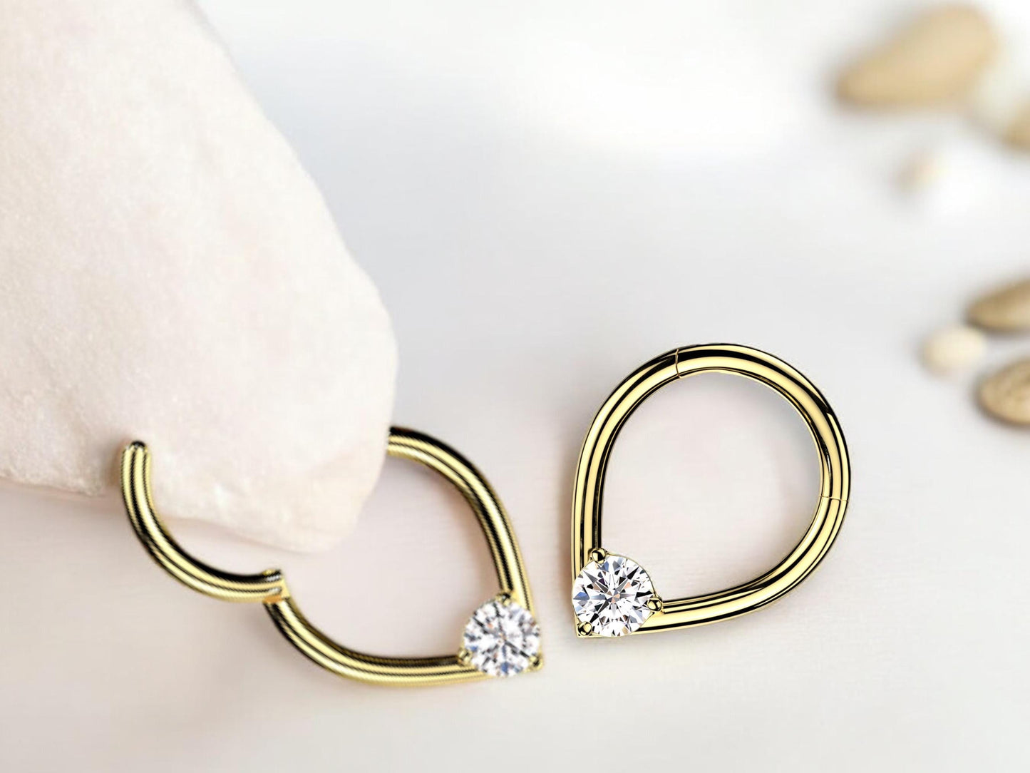 16g Gold Septum Clicker Ring, Teardrop Front CZ Stud Hinged Segment Hoop Ring, Dainty Septum Hoop Jewelry, Nose Piercing, Body Jewelry.