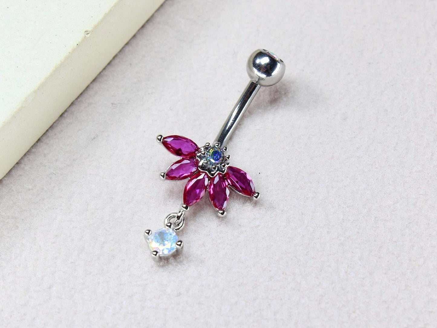 New • Floral Dangling Belly Button Ring, 14g Dainty Petal Decor Pink Marquise Gemstone Belly Ring Piercing Jewelry, Gold Navel Piercing