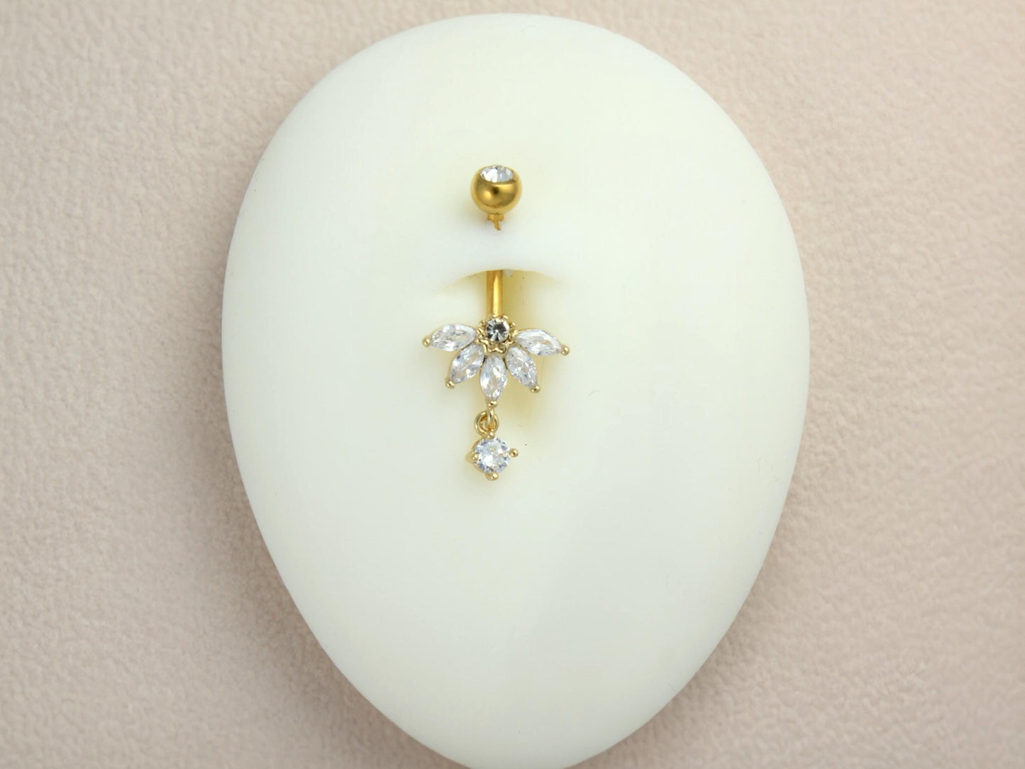 Gold Floral CZ Dangling Belly Button Ring