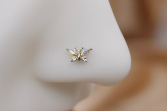 Butterfly Nose Stud, Ball End Sparkle Butterfly Decor Nose Piercing Jewelry, 20g L Bend Nose Stud, Dainty Body Jewelry.