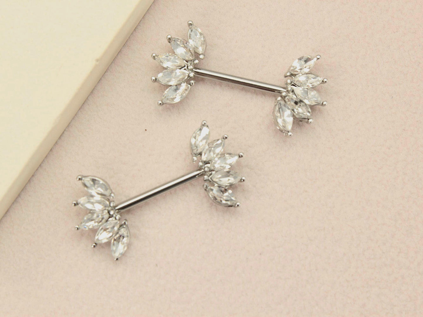 Silver Nipple Barbell Piercing, 14g Sparkling Gem Petal End Nipple Ring Jewelry, Floral Nipple Ring Body Jewelry