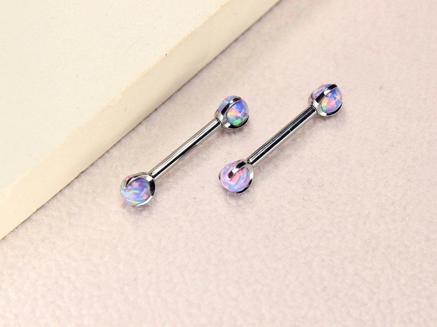 14G Titanium Nipple Barbell, Blurple Opal Ball End Nipple Ring Piercing, Pair of Purple Nipple Sheild Body Jewelry, Minimalist Jewelry