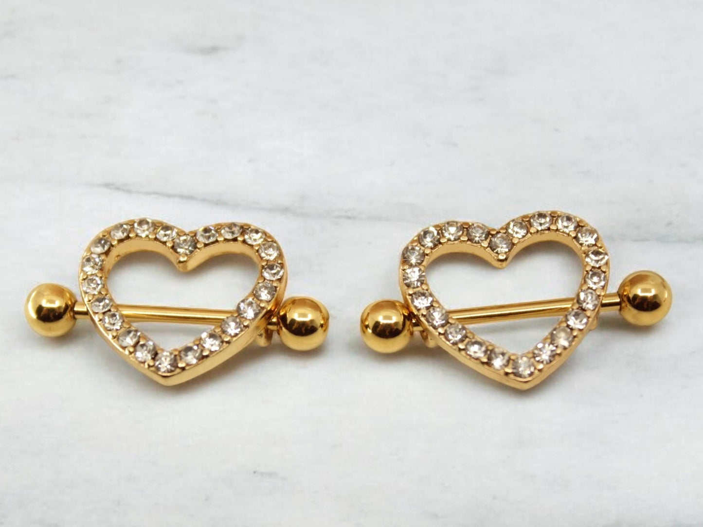 Gold Heart Nipple Barbell, Sparkling Gems Gold Heart Nipple Shield Piercing Jewelry, Nipple Ring Body Piercing Jewelry.