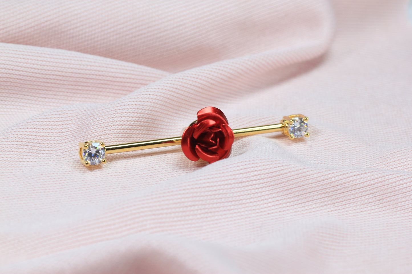 14G Red Rose Floral Industrial Barbell – Dainty Flower Industrial Piercing, 35mm Cartilage Scaffold Barbell Body Jewelry