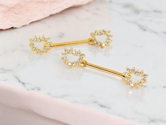 Gold Heart Nipple Ring. Sparkle Gem Hollow Heart Nipple Barbell. Nipple Piercing. 14g Heart Ends Nipple Jewelry. Body Piercing Jewelry