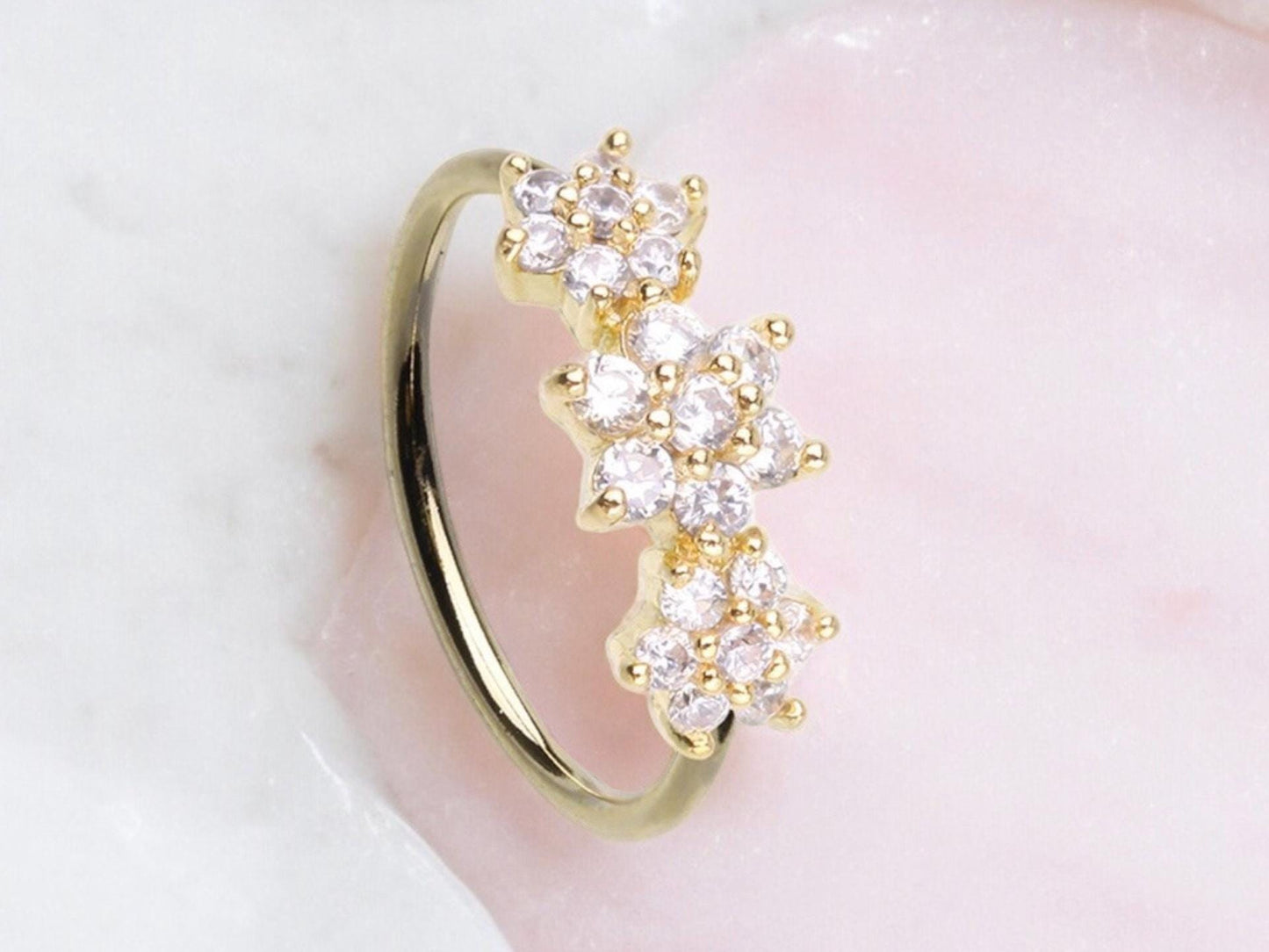 20g Gold Dainty Floral Nose Hoop Ring. Dainty Sparkling Floral Gems Bendable Nose Ring. Nose Piercing Jewelry. Body Jewelry