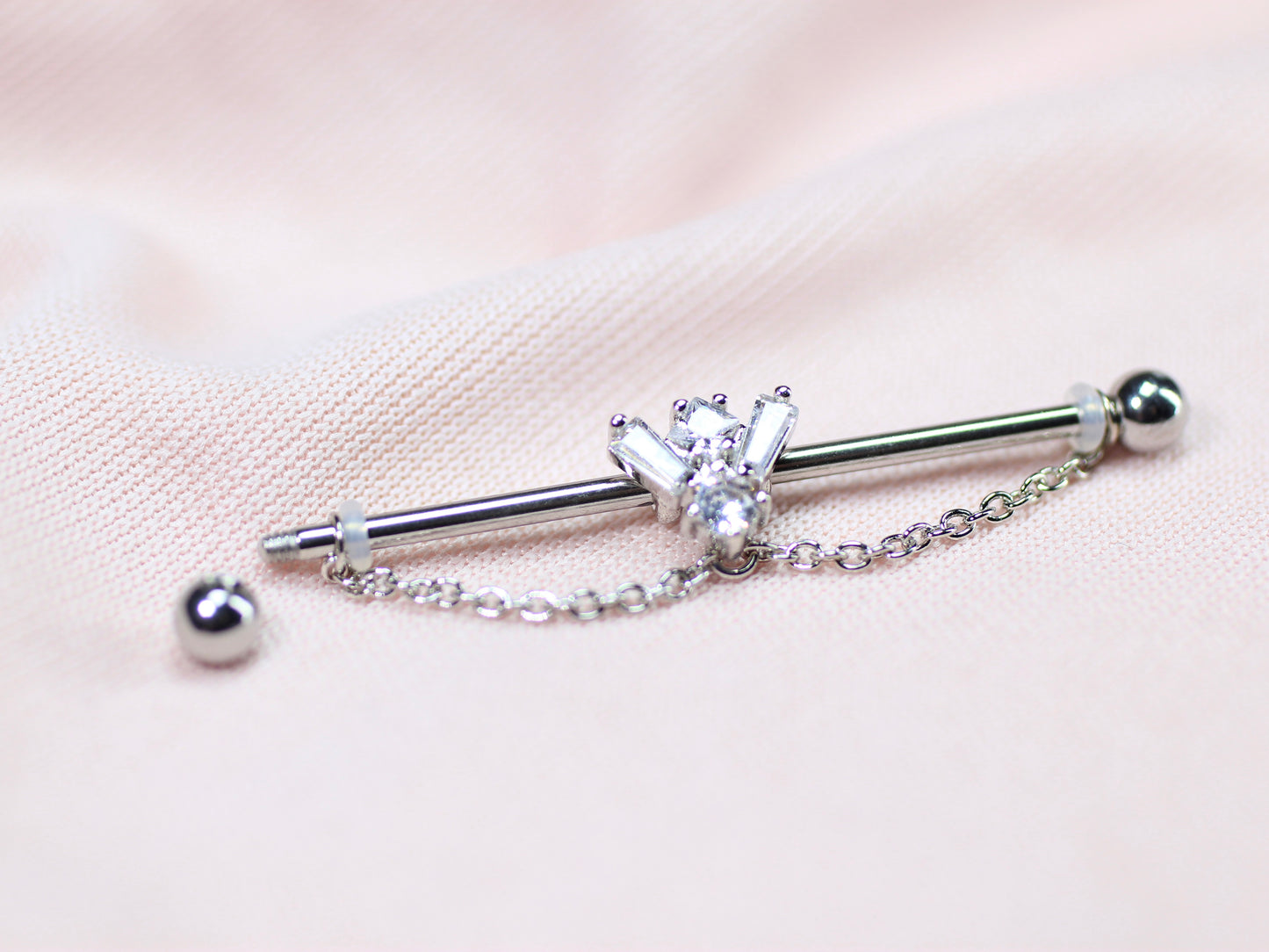 14G Silver Gem Industrial Barbell with Dainty Chain – 38mm Sparkling Gold Industrial Piercing