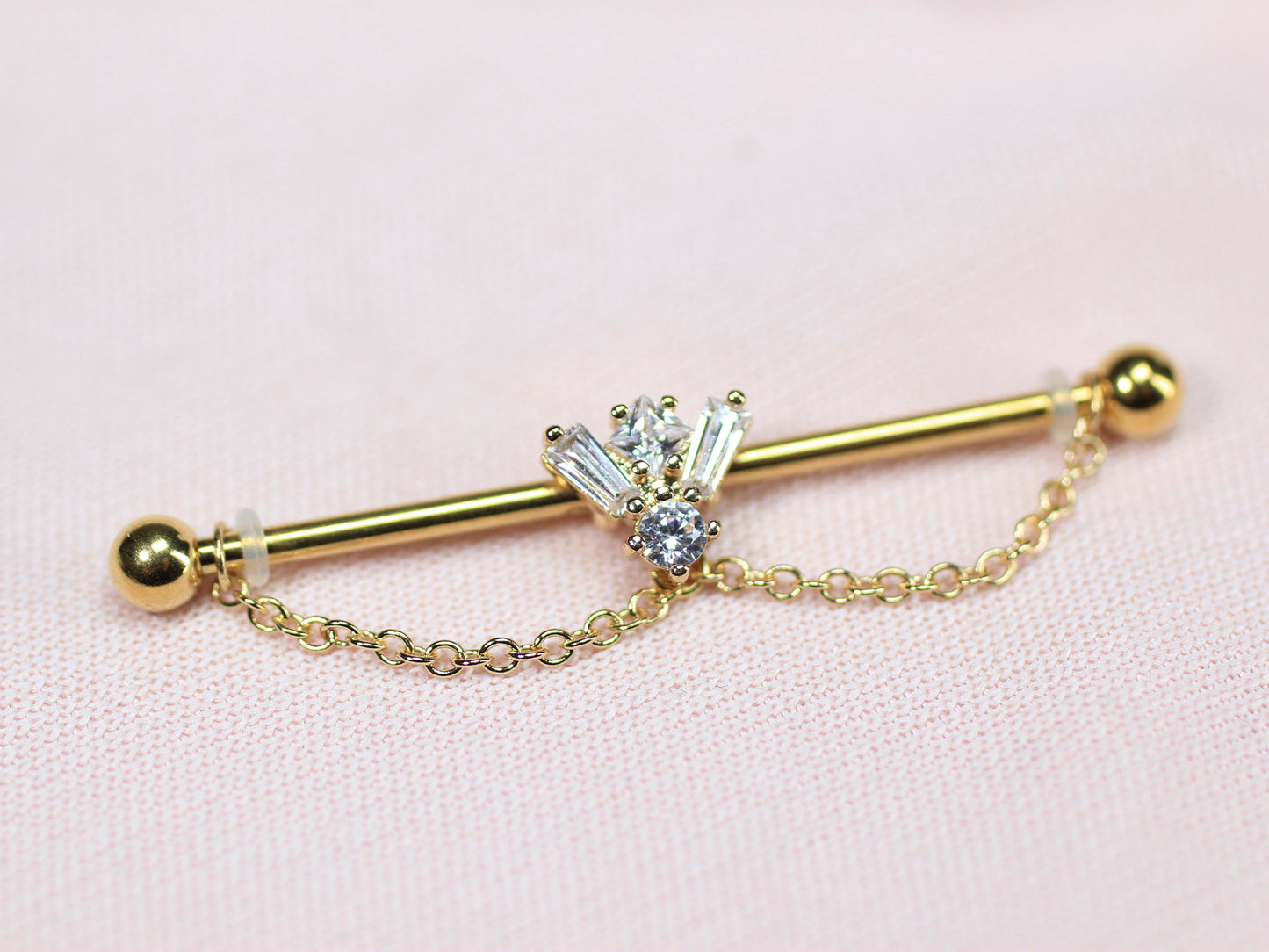 14G Gold Gem Industrial Barbell with Dainty Chain – 38mm Sparkling Gold Industrial Piercing